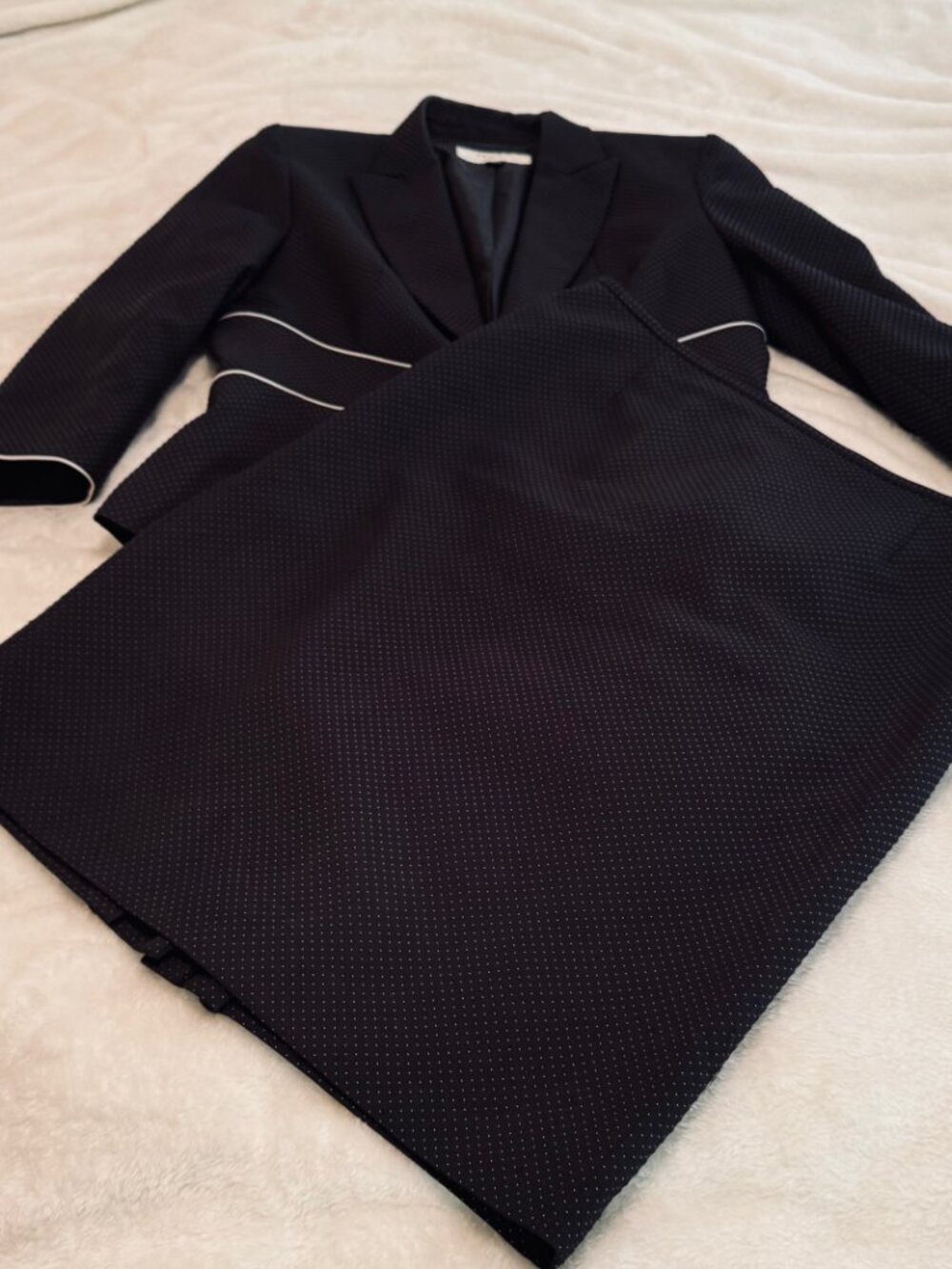Women's Black Pin Dot Peplum Skirt Set with White Trim - Picture 2 of 16